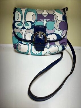Coach White, Blue, Purple Nylon, Patent Leather Op Art C’s Crossbody Handbag